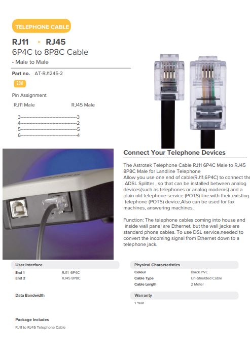 ASTROTEK RJ12 6-PIN MODULAR CABLE FOR RELIABLE CONNECTIONS